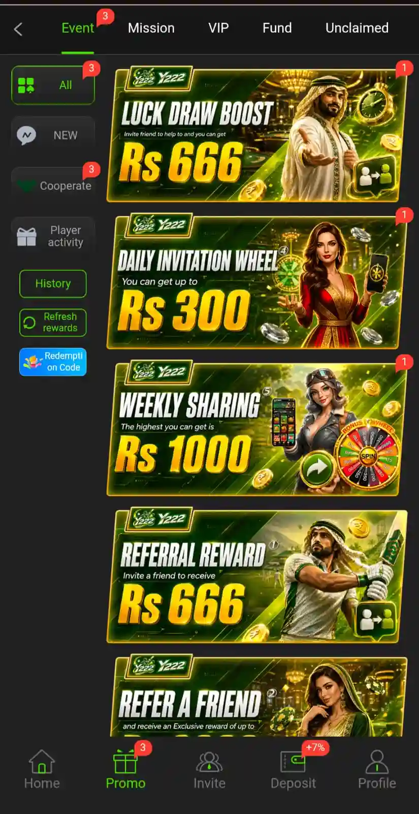 Y222 Game bonus and promotions