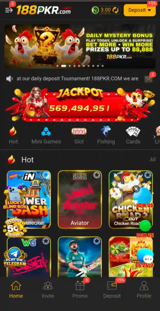188PKR Game app home screen and game interface